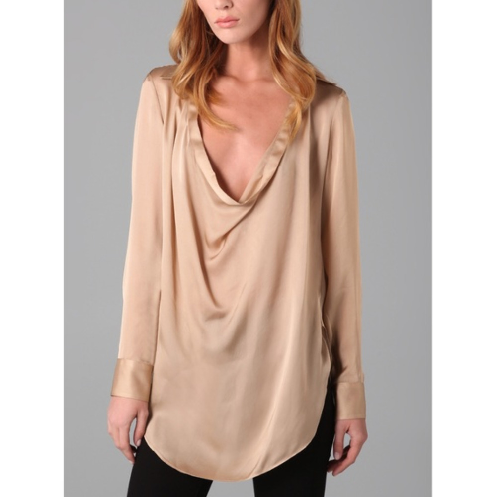 HAUTE HIPPIE Silk Cowl Neck Blouse Beige Long Sleeve Satin Sheer Women's Medium
